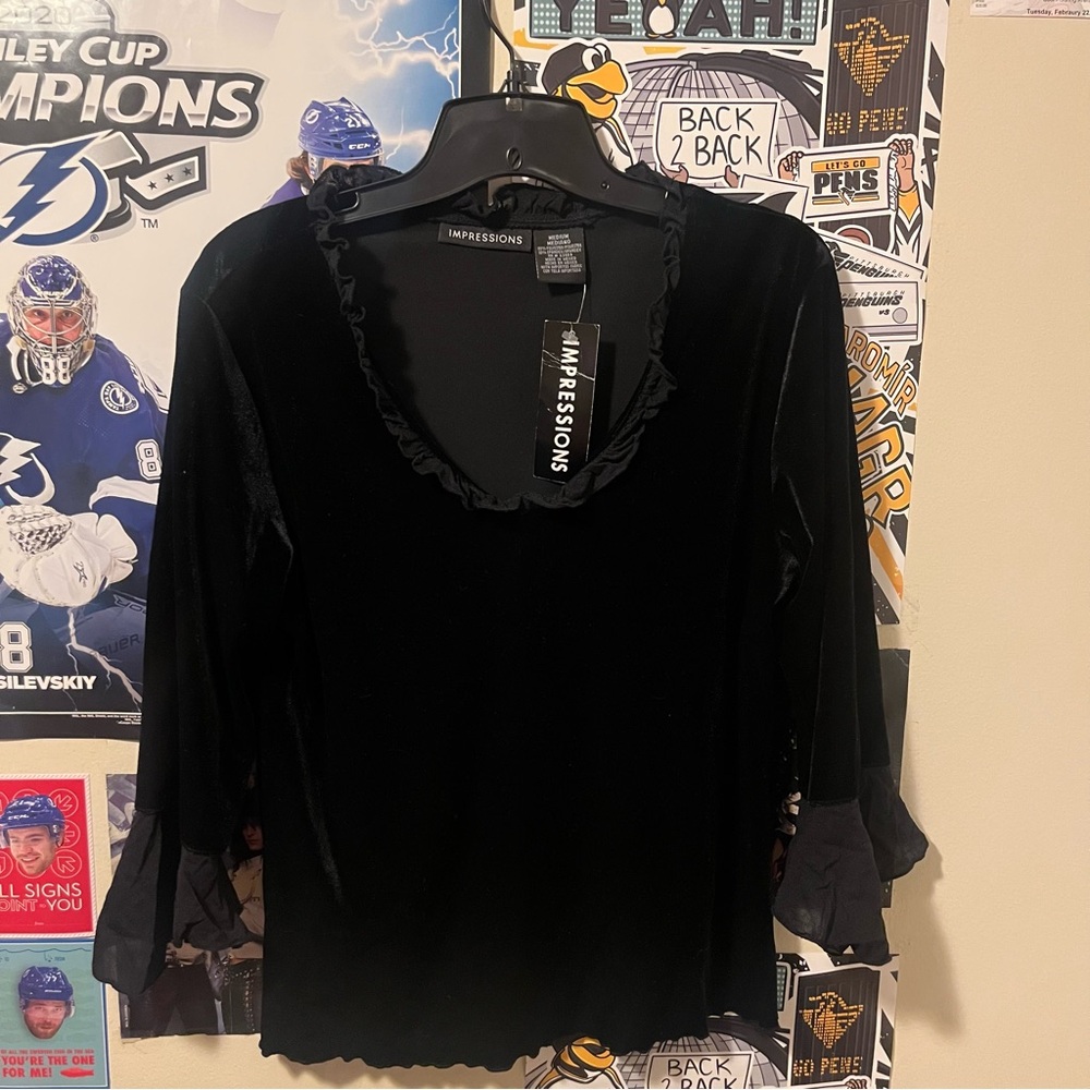 Vintage 90’s Goth  Black Velvet Blouse with Ruffle Trim